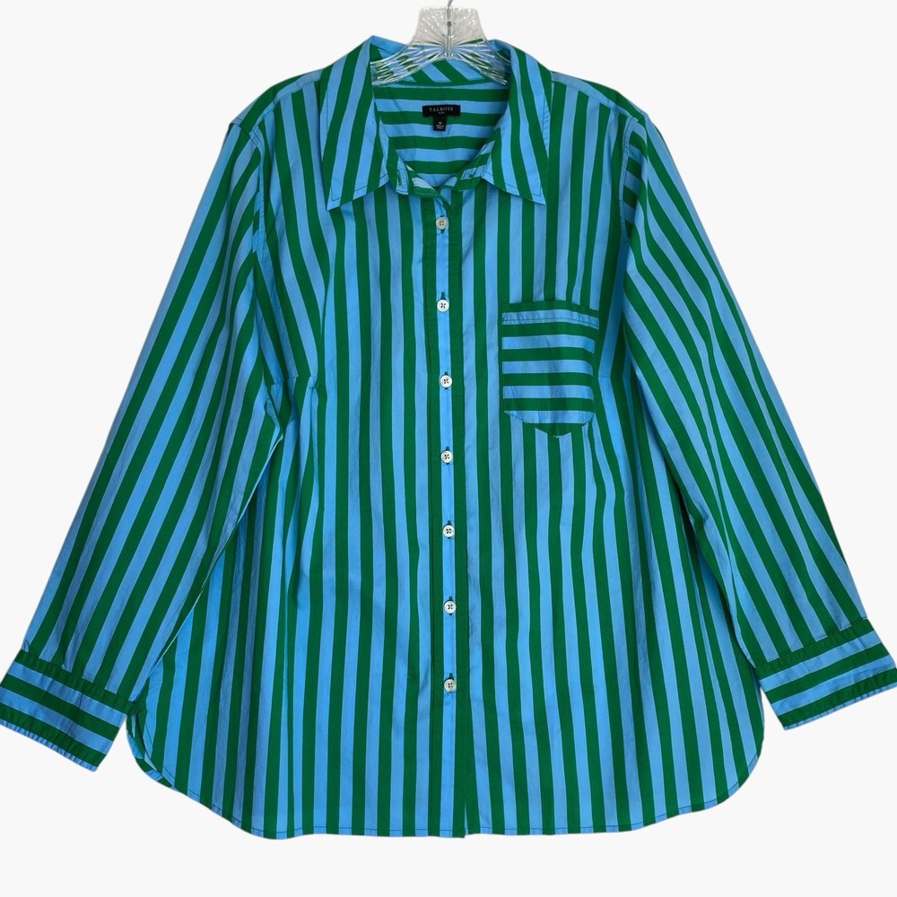 Talbots 1X Striped Shirt Button Up Green Blue Long Sleeve Coastal Classic